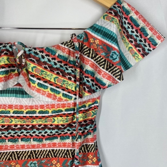 Becca Swimsuit Off Shoulder One Piece Ruffle with Neck Tie Aztec Boho Small - Picture 5 of 11